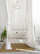 Crocheted Hanging Macrame Baby Bassinet: Ivory Cord / Bassinet with mattress / M