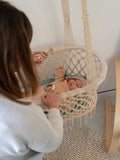 Crocheted Hanging Macrame Baby Bassinet: Ivory Cord / Bassinet with mattress / M