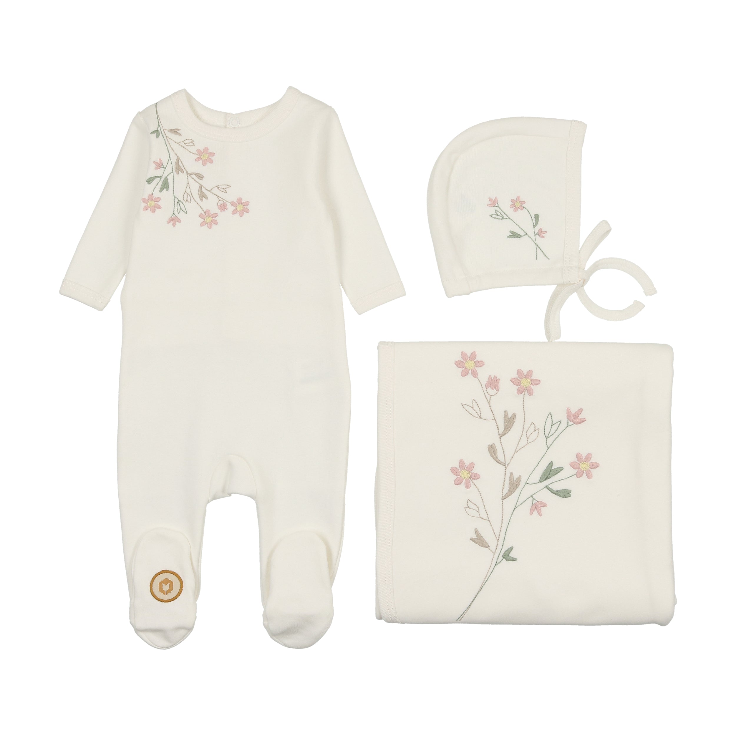 Mon Tresor Budding Blossoms Girls Footie & Bonnet - Ivory & Pink