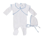 Three Dots Footie & Hat Blue Stitching