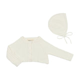 Mema Knits M35 Crop Pointelle Cardigan & Bonnet White