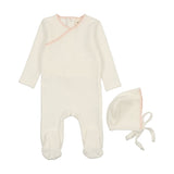 Mema Knits M149 Velour Embroidered Footie & Hat Cream/Pink