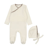 Mema Knits M149 Velour Embroidered Footie & Hat Cream/Mink