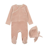 Mema Knits M149 Velour Embroidered Footie & Hat Pale Pink