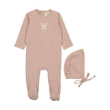 Mema Knits M121 French Terry Pale Pink Embroidered Animal Footie & Hat