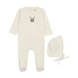 Mema Knits M121 French Terry Winter White Embroidered Animal Footie & Hat