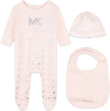 Michael Kors Rose Heart Print Footie + Bennie + Bib Set